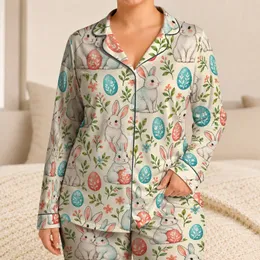 Watercolor Rabbit And Easter Egg Motifs For Cozy Spring Holiday Mornings At Home Satin Pajamas Set