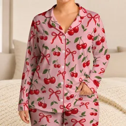 Red Cherry And Ribbon Motifs For Cozy Summer Evenings At Home And Weekend Lounging Satin Pajamas Set