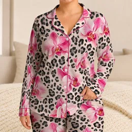 Pink Orchid Blooms And Chic Leopard Spots For Cozy Evenings At Home And Getaways Satin Pajamas Set