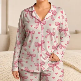 Pink Ribbon Bows and Hearts for Romantic Valentine's Day Lounging and Cozy Home Style Satin Pajamas Set