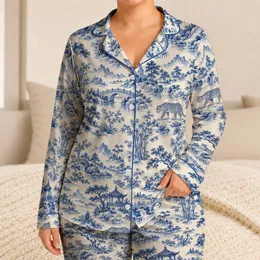 Blue Toile Landscapes with Spotted Cats for Relaxing at Home and Cozy Evenings Satin Pajamas Set