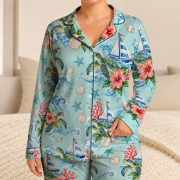 Sea Turtle And Sailboat Coastal Motifs For Relaxed Seaside Getaways Satin Pajamas Set