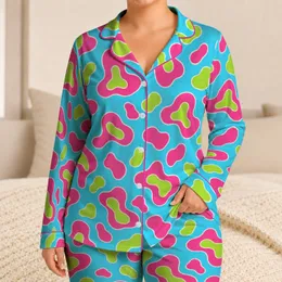 Playful Aqua Pink Lime Abstract Camo for Cozy Lounging and Relaxed Weekend Mornings Satin Pajamas Set