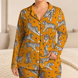 White Tiger Motif for Cozy Autumn Evenings and Relaxed Lounging Satin Pajamas Set