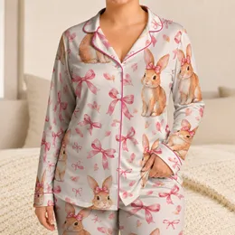 Watercolor Bunny And Pink Bow Motifs For Cozy Holiday Mornings And Lounging Satin Pajamas Set