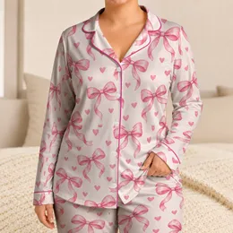 Pink Ribbon Bows and Hearts for Cozy Romantic Evenings and Sweet Everyday Lounging Satin Pajamas Set