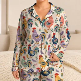 Playful Farmyard Roosters for Cozy Mornings and Relaxed Countryside Home Living Satin Pajamas Set