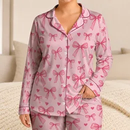 Blush Pink Hearts and Ribbon Bows for Cozy Spring Evenings and Sweet Gift Giving at Home Satin Pajamas Set
