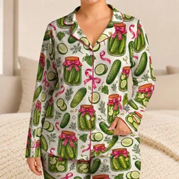 Pickle Jar and Cucumber Motifs for Cozy Kitchen Lovers and Relaxed Home Days Satin Pajamas Set
