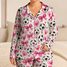 Pink Footballs, Bows and Hearts for Cozy Game Day Lounging and Football Fans Satin Pajamas Set