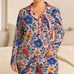 Colorful Folk Birds and Wildflowers for Cozy Evenings and Relaxed Weekend Lounging Satin Pajamas Set