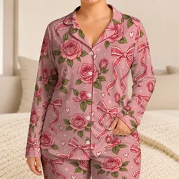 Pink Roses, Ribbon Bows and Hearts for Romantic Valentine Lounging and Sweet Gift Giving Satin Pajamas Set