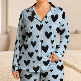 Black Heart Motif on Icy Blue for Cozy Summer Lounging at Home Satin Pajamas Set