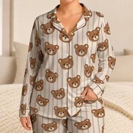 Cute Brown Bear Faces and Soft Taupe Stripes for Cozy Spring Mornings at Home Satin Pajamas Set