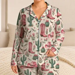 Western Cactus, Cowboy Boots and Hats for Cozy Desert-Inspired Lounging at Home Satin Pajamas Set