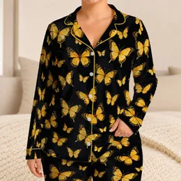 Golden Yellow Butterflies for Dreamy Summer Lounging and Relaxed Evenings for Women Satin Pajamas Set