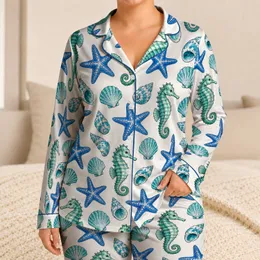 Green Seahorse and Blue Starfish Coastal Escape for Relaxed Summer Days by the Sea Satin Pajamas Set