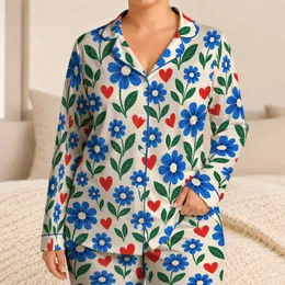 Blue Daisy And Red Heart Blooms For Cozy Romantic Evenings And Relaxed Weekends Satin Pajamas Set