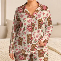 Cute Brown Bears With Pink Hearts for Cozy Everyday Lounging and Sweet Gift Giving Satin Pajamas Set