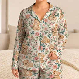 Kawaii Spring Bear And Blossom Motifs For Cozy Cottagecore Nights And Relaxed Weekends Satin Pajamas Set