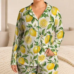 Fresh Lemon and Green Leaf Motifs for Relaxed Summer Lounging at Home for Women Satin Pajamas Set