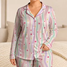 Pastel Wavy Stripes With Hearts And Stars For Cozy Weekend Lounging Satin Pajamas Set