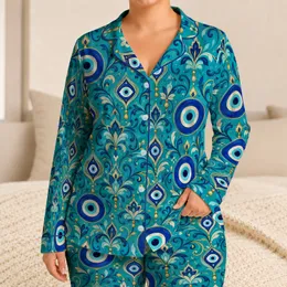 Turquoise Evil Eye Medallions for Serene Lounging and Cozy Evenings at Home Daily Satin Pajamas Set