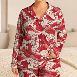 Crimson Japanese Ocean Waves for Cozy Evenings and Relaxed Lounging Satin Pajamas Set