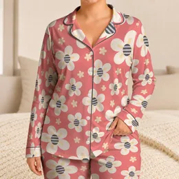 Pink Daisy Blooms with Gray Striped Centers for Cozy Lounging and Relaxed Home Style Satin Pajamas Set