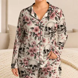 Skulls And Cherry Blossoms For Edgy Gothic Lounging And Cozy Evenings Satin Pajamas Set