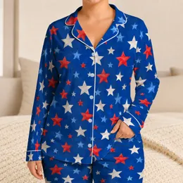 Red White Blue Star Confetti Celebration For Festive Fourth Of July Lounging At Home Satin Pajamas Set