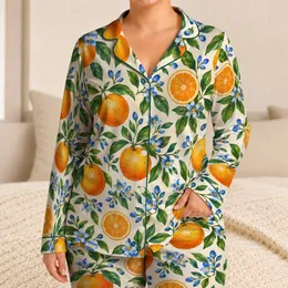 Orange Citrus and Blue Blossom Motif for Fresh, Cheerful Lounging and Relaxation Satin Pajamas Set