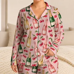Watercolor Champagne Bottles and Cherries for Festive Holiday Lounging and Relaxation Satin Pajamas Set