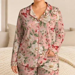 Blush Pink Blooms And Red Butterflies For Dreamy Cozy Evenings Satin Pajamas Set