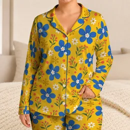 Blue Wildflowers And Sunny Yellow Blooms For Cheerful Everyday Lounging Satin Pajamas Set