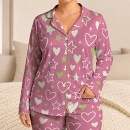 Soft Pink Hearts and Stars for Cozy Valentine's Evening Relaxation for Her at Home Satin Pajamas Set