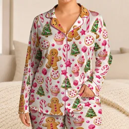 Fuchsia Gingerbread Cookies and Candy Canes for Cozy Christmas Celebrations at Home Satin Pajamas Set