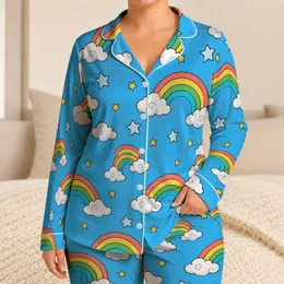 Rainbow Cloud And Star Motifs For Cheerful Cozy Nights And Relaxed Lounging Satin Pajamas Set