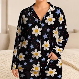 White Daisy And Blue Star Motifs For Playful Everyday Comfort And Relaxed Lounging Satin Pajamas Set
