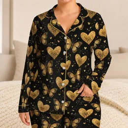 Golden Hearts and Butterflies for Cozy Springtime Relaxing at Home for Women Daily Satin Pajamas Set