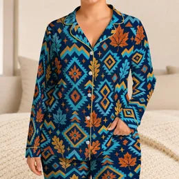 Retro Geometric Leaves for Cozy Autumn Lounging and Relaxed Evenings Gift for Her Satin Pajamas Set