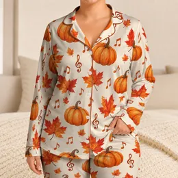 Pumpkins Maple Leaves And Music Notes For Cozy Autumn Evenings At Home Satin Pajamas Set