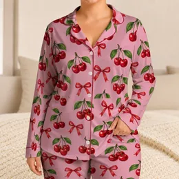 Blush Cherries and Red Bows for Cozy Evenings and Sweet Holiday Gifting for Her Satin Pajamas Set