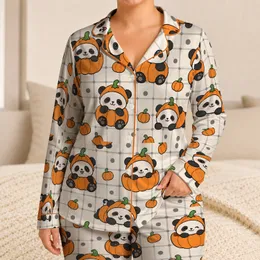 Cute Pumpkin-Costumed Panda Characters for Cozy Autumn Lounging and Relaxing at Home Satin Pajamas Set