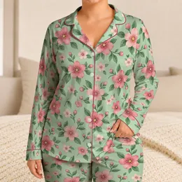 Mint Green Pink Daisy Blossoms for Cozy Spring Lounging and Relaxed Everyday Style Satin Pajamas Set