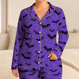 Playful Black Bats and Golden Stars for Cozy Halloween Nights Satin Pajamas Set