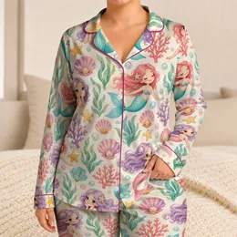 Cute Mermaid And Coral Sea Life For Whimsical Coastal Lounging Satin Pajamas Set