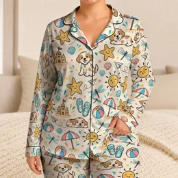 Sunny Beach Day Doodles for Cheerful Summer Lounging and Cozy Getaways Satin Pajamas Set