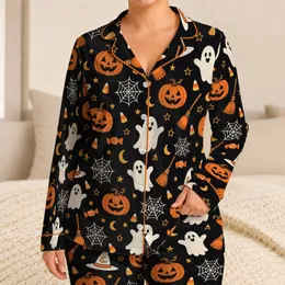 Halloween Pumpkin, Witch Hat and Ghost Motifs for Cozy October Nights at Home Satin Pajamas Set