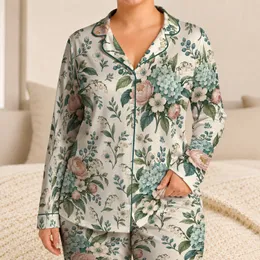 Teal Botanical Sprigs and Pastel Garden Bouquets for Relaxed Everyday Lounging at Home Satin Pajamas Set